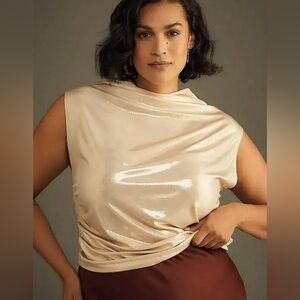 Maeve Anthropologie Plus Metallic Gold Cowl Neck Ruched Top Light Sand - Size 3x
